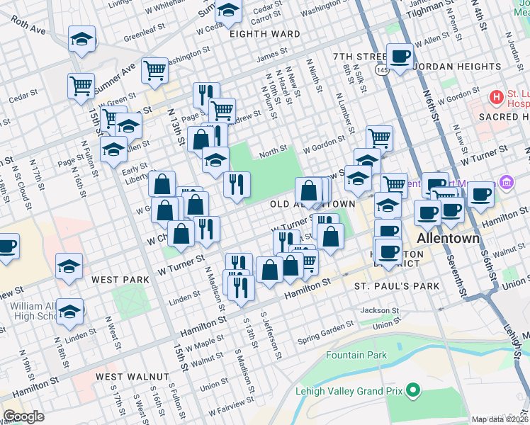 map of restaurants, bars, coffee shops, grocery stores, and more near 233 North Poplar Street in Allentown