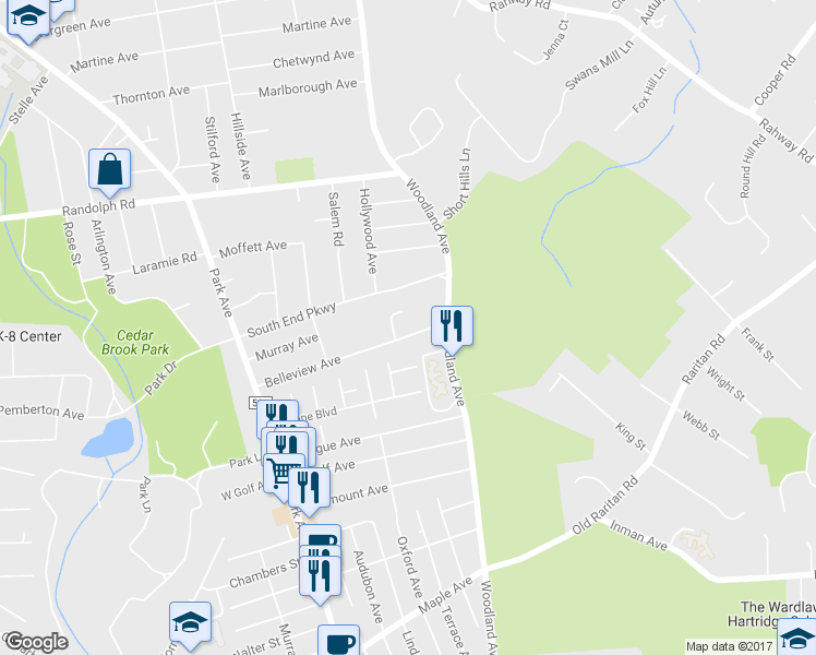 map of restaurants, bars, coffee shops, grocery stores, and more near 1453 Belleview Avenue in Plainfield