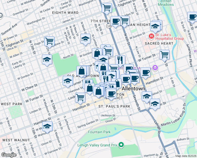 map of restaurants, bars, coffee shops, grocery stores, and more near 136 North Ninth Street in Allentown