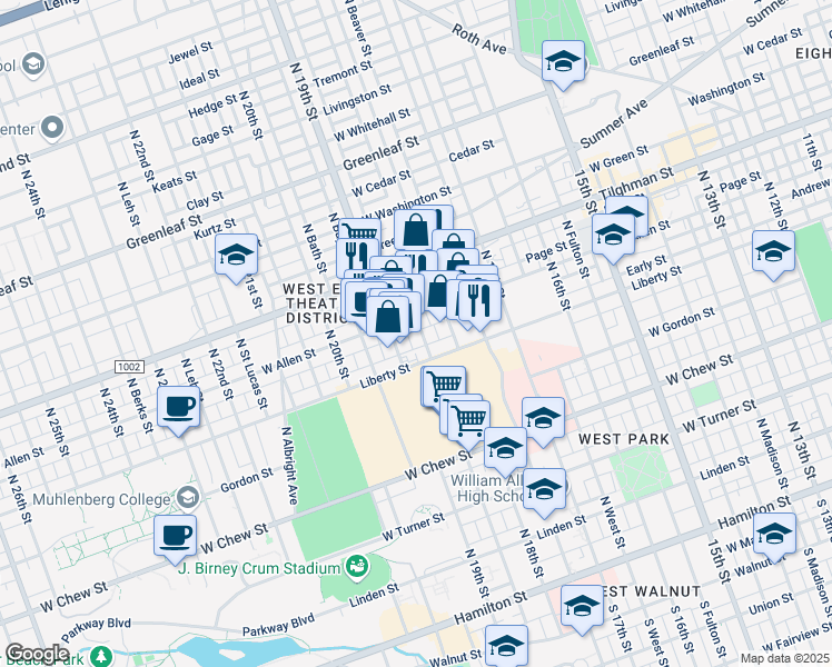 map of restaurants, bars, coffee shops, grocery stores, and more near 530 North Saint George Street in Allentown