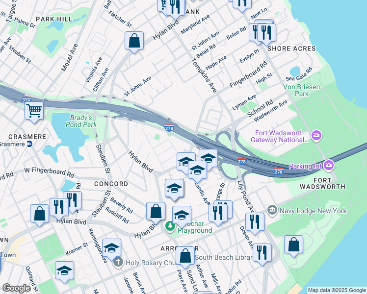 map of restaurants, bars, coffee shops, grocery stores, and more near 44 Impala Court in Staten Island