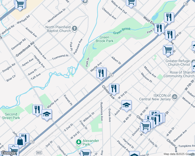 map of restaurants, bars, coffee shops, grocery stores, and more near 32 Clinton Avenue in Plainfield