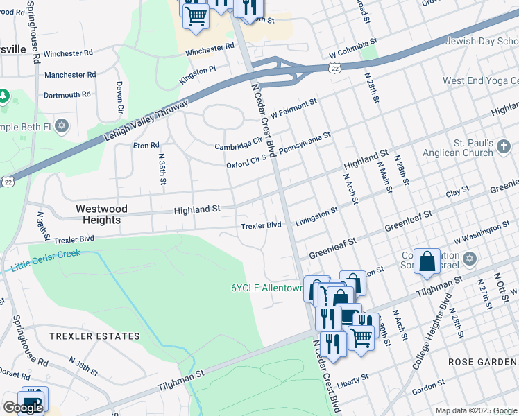 map of restaurants, bars, coffee shops, grocery stores, and more near 1030 North 32nd Street in Allentown