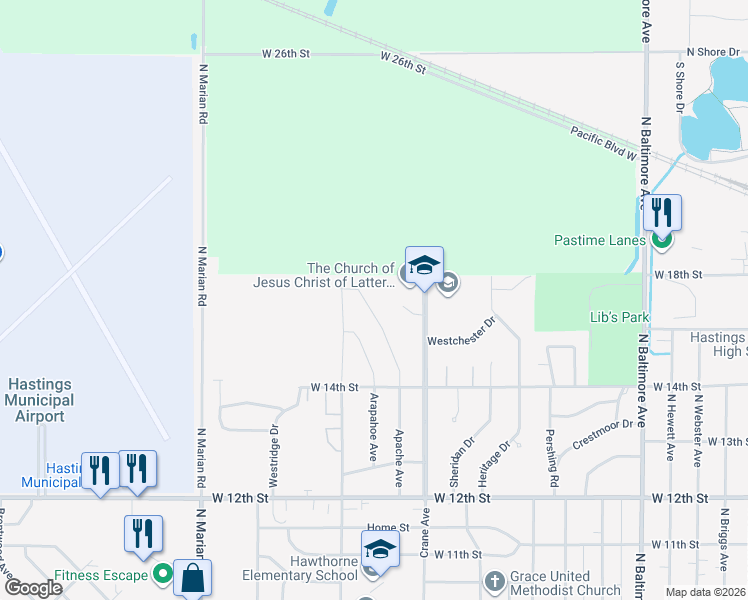 map of restaurants, bars, coffee shops, grocery stores, and more near 1718 Apache Avenue in Hastings