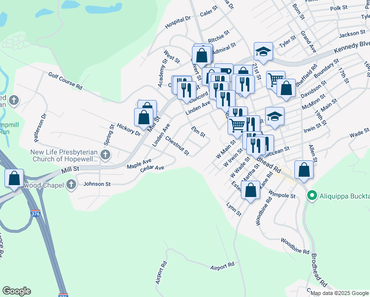 map of restaurants, bars, coffee shops, grocery stores, and more near 148 Chestnut Street in Aliquippa
