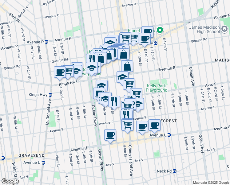 map of restaurants, bars, coffee shops, grocery stores, and more near 1868 East 9th Street in Brooklyn