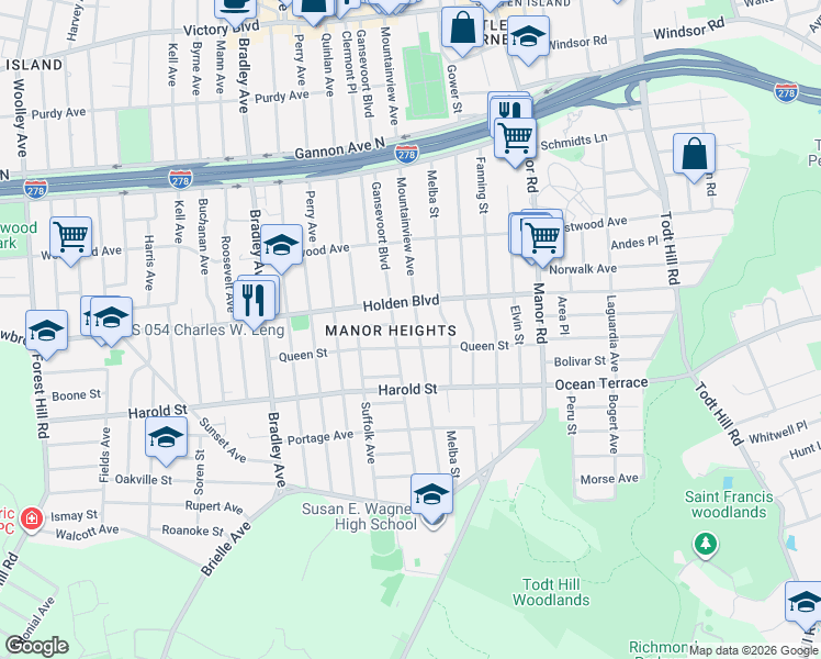 map of restaurants, bars, coffee shops, grocery stores, and more near 332 Mountainview Avenue in Staten Island