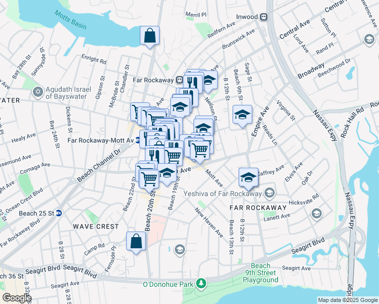map of restaurants, bars, coffee shops, grocery stores, and more near 18-22 Mott Avenue in Queens