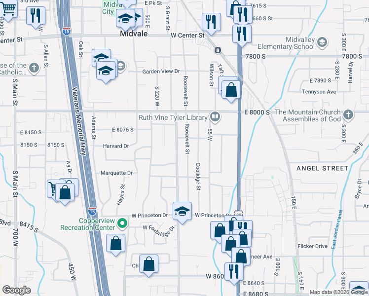 map of restaurants, bars, coffee shops, grocery stores, and more near 8154 Roosevelt Street in Midvale