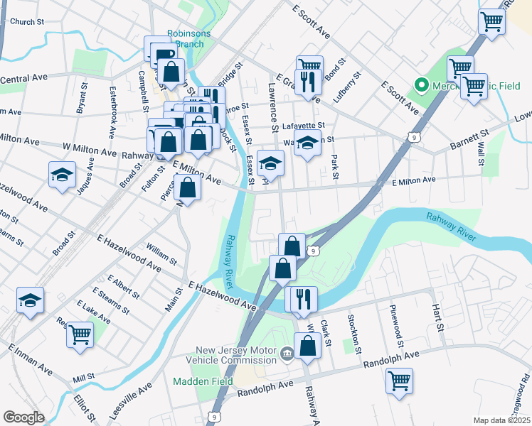 map of restaurants, bars, coffee shops, grocery stores, and more near 1484 Lawrence Street in Rahway