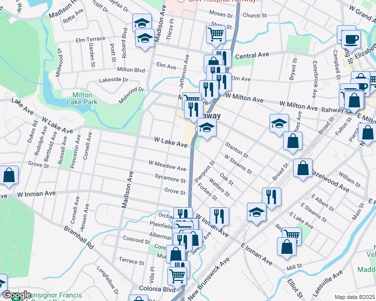 map of restaurants, bars, coffee shops, grocery stores, and more near 734 Saint Georges Avenue in Rahway
