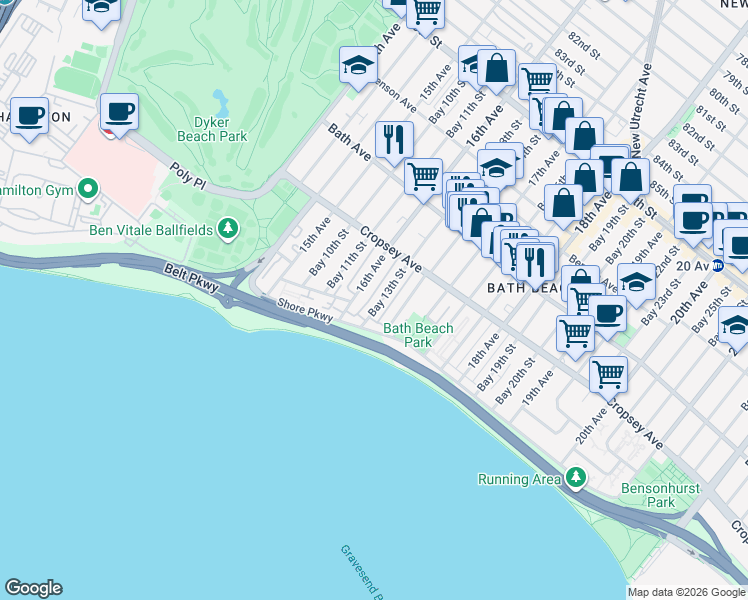 map of restaurants, bars, coffee shops, grocery stores, and more near 310 Bay 13th Street in Brooklyn