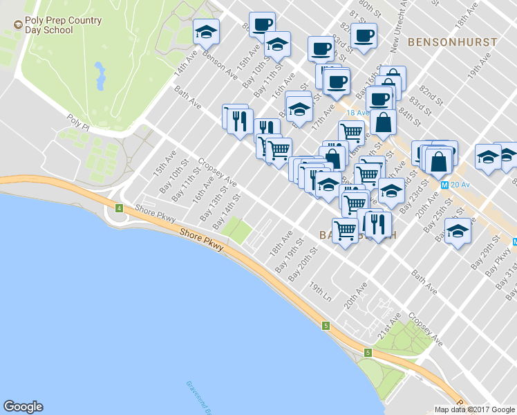 map of restaurants, bars, coffee shops, grocery stores, and more near 8845 17th Avenue in Brooklyn