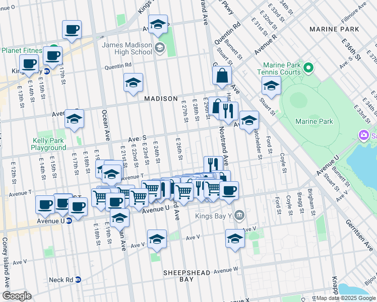 map of restaurants, bars, coffee shops, grocery stores, and more near 1950 East 27th Street in Brooklyn