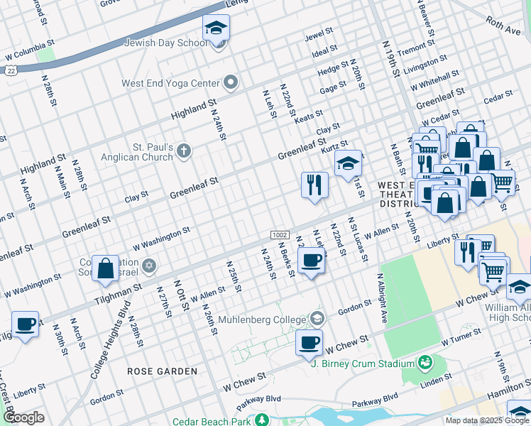 map of restaurants, bars, coffee shops, grocery stores, and more near 738 North Berks Street in Allentown
