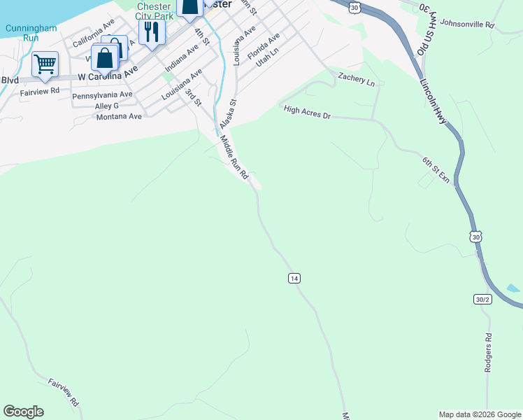 map of restaurants, bars, coffee shops, grocery stores, and more near 2538 Middle Run Road in Chester