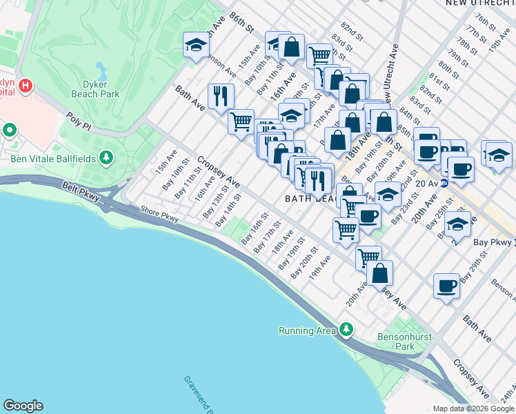 map of restaurants, bars, coffee shops, grocery stores, and more near 8845 17th Avenue in Brooklyn