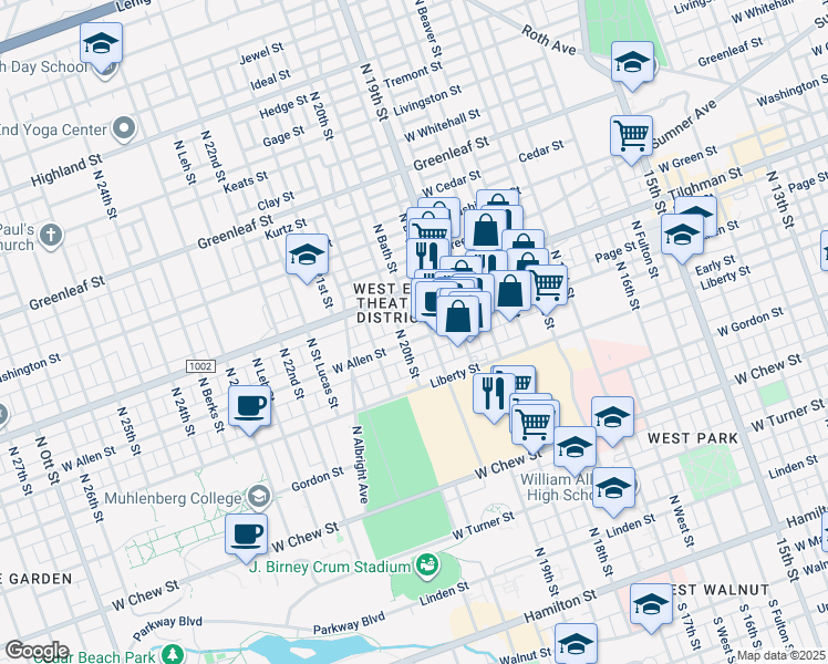 map of restaurants, bars, coffee shops, grocery stores, and more near 1949 Allen Street in Allentown