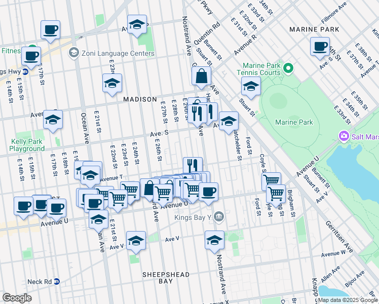 map of restaurants, bars, coffee shops, grocery stores, and more near 1960 East 29th Street in Brooklyn