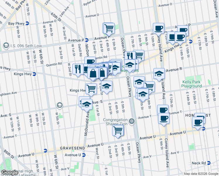 map of restaurants, bars, coffee shops, grocery stores, and more near 1919 East 3rd Street in Brooklyn