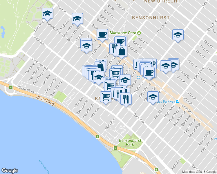 map of restaurants, bars, coffee shops, grocery stores, and more near 147 Bay 20th Street in Brooklyn