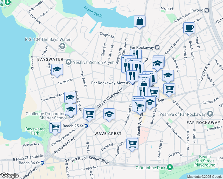 map of restaurants, bars, coffee shops, grocery stores, and more near 10-41 McBride Street in Queens