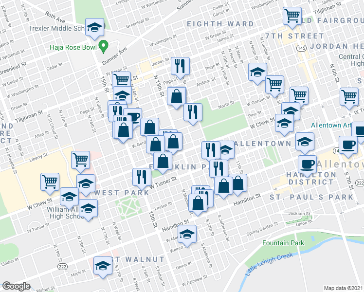 map of restaurants, bars, coffee shops, grocery stores, and more near 311 North 13th Street in Allentown