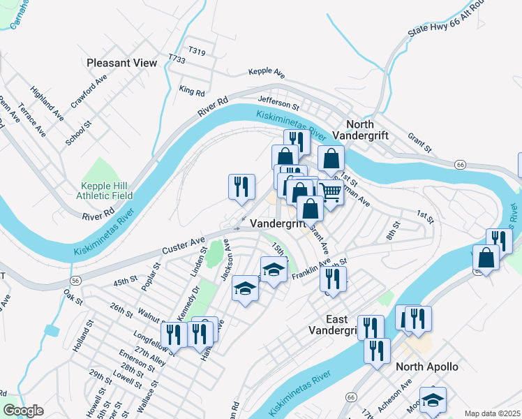 map of restaurants, bars, coffee shops, grocery stores, and more near 167 Lincoln Street in Vandergrift