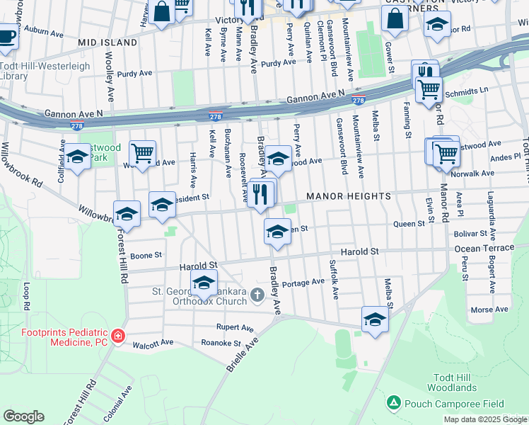 map of restaurants, bars, coffee shops, grocery stores, and more near 314 Bradley Avenue in Staten Island
