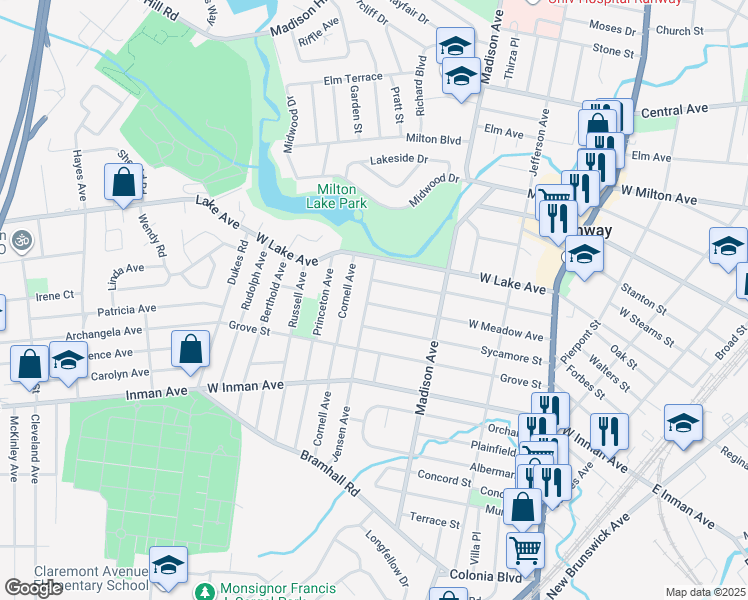 map of restaurants, bars, coffee shops, grocery stores, and more near 455 Jensen Avenue in Rahway