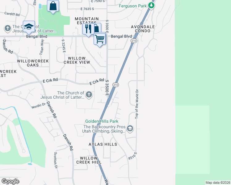 map of restaurants, bars, coffee shops, grocery stores, and more near 8126 Clover Spring Lane in Cottonwood Heights