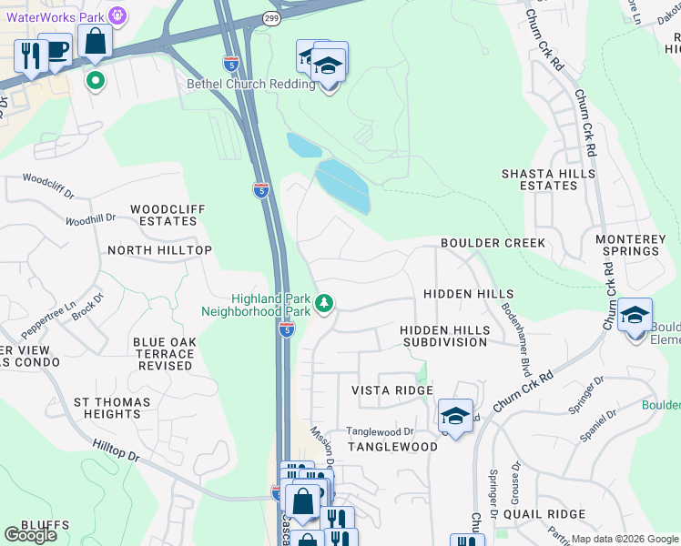 map of restaurants, bars, coffee shops, grocery stores, and more near 500 Durango Way in Redding