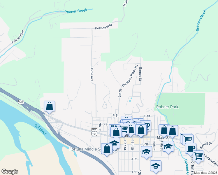 map of restaurants, bars, coffee shops, grocery stores, and more near 1400 Garden Lane in Fortuna