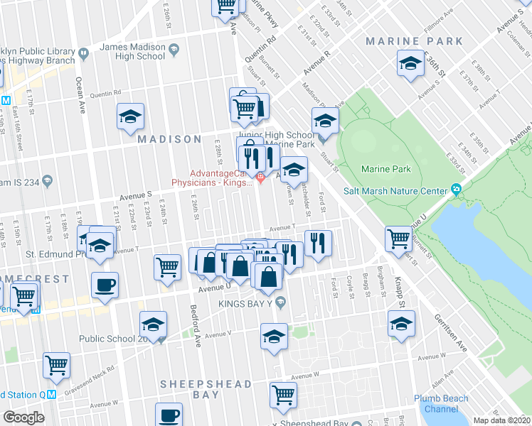 map of restaurants, bars, coffee shops, grocery stores, and more near 3315a Nostrand Avenue in Brooklyn