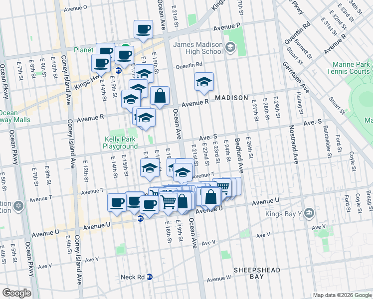 map of restaurants, bars, coffee shops, grocery stores, and more near 2014 East 21st Street in Brooklyn