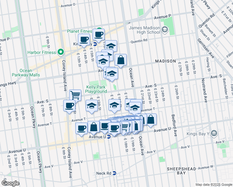 map of restaurants, bars, coffee shops, grocery stores, and more near 1902 East 18th Street in Brooklyn
