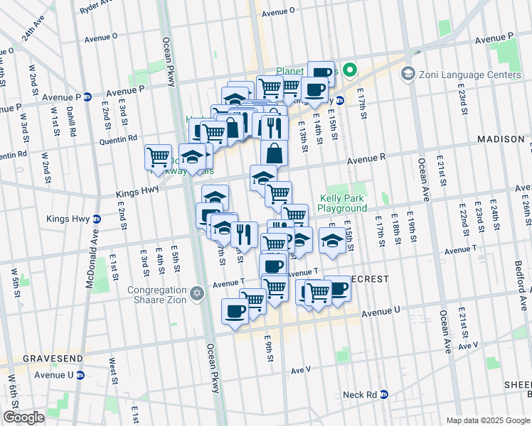 map of restaurants, bars, coffee shops, grocery stores, and more near 2176 Coney Island Avenue in Brooklyn