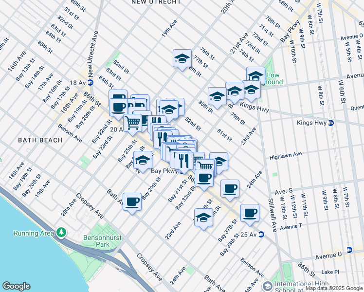 map of restaurants, bars, coffee shops, grocery stores, and more near 2160 84th Street in Brooklyn