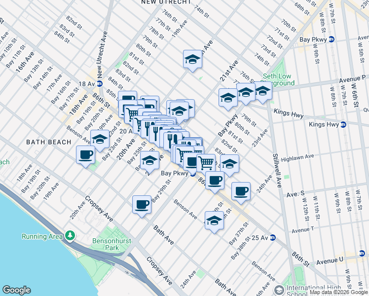 map of restaurants, bars, coffee shops, grocery stores, and more near 2116 85th Street in Brooklyn