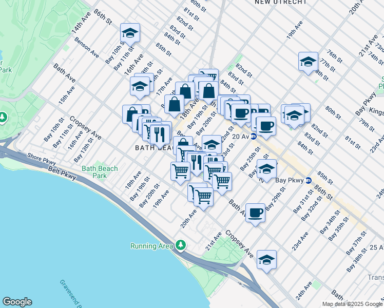 map of restaurants, bars, coffee shops, grocery stores, and more near 147 Bay 20th Street in Brooklyn