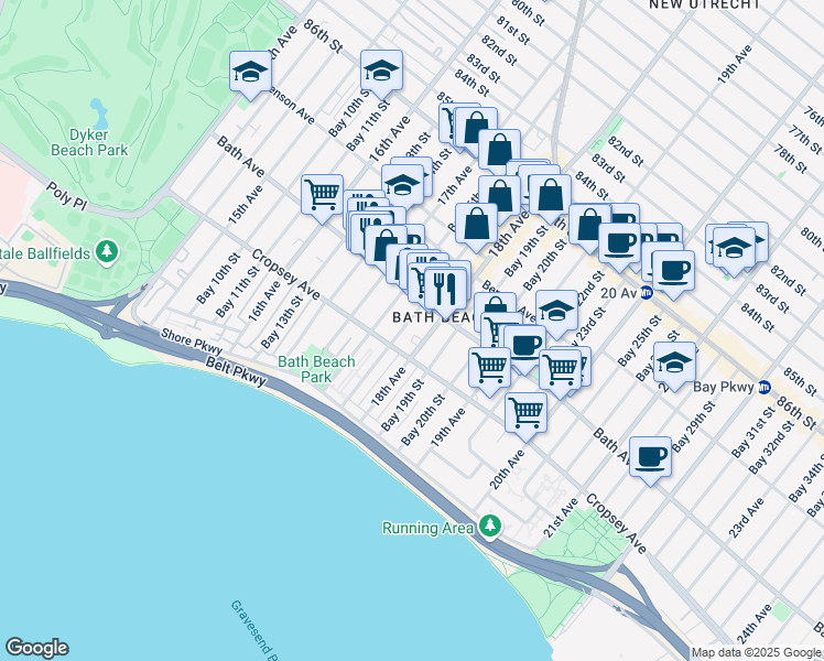 map of restaurants, bars, coffee shops, grocery stores, and more near 8798 18th Avenue in Brooklyn
