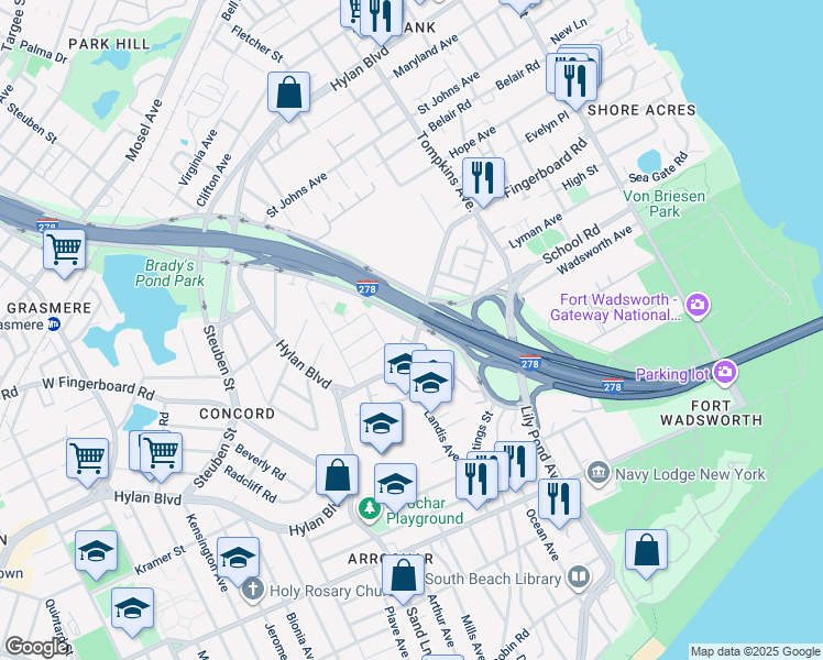 map of restaurants, bars, coffee shops, grocery stores, and more near 44 Impala Court in Staten Island