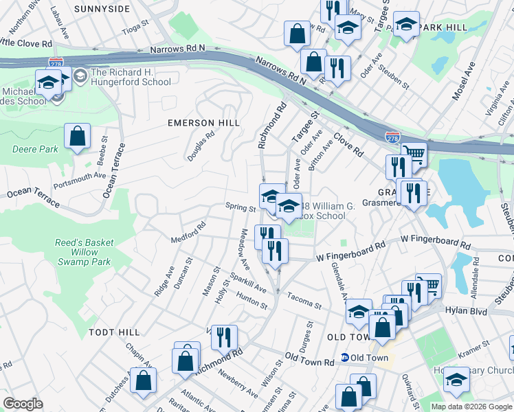 map of restaurants, bars, coffee shops, grocery stores, and more near 955 Richmond Road in Staten Island