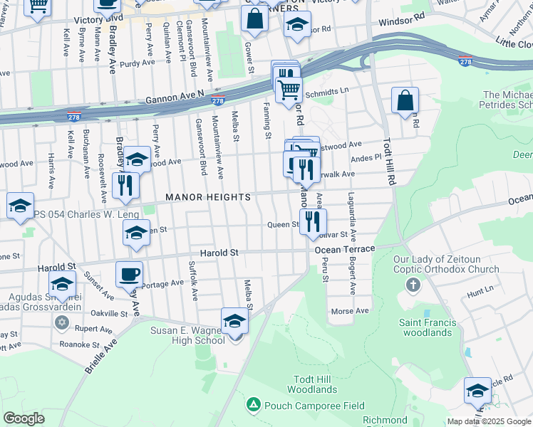 map of restaurants, bars, coffee shops, grocery stores, and more near 365 Fanning Street in Staten Island