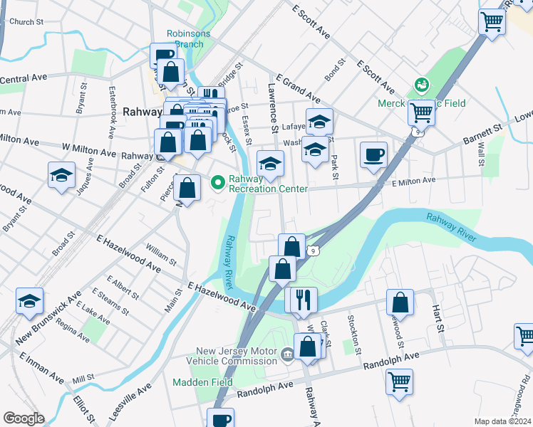 map of restaurants, bars, coffee shops, grocery stores, and more near 1484 Lawrence Street in Rahway