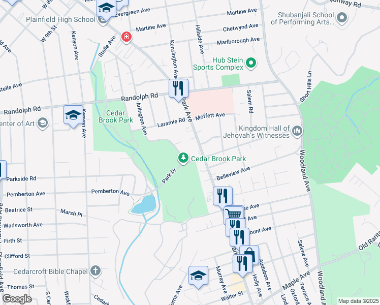 map of restaurants, bars, coffee shops, grocery stores, and more near 1340 Park Avenue in Plainfield