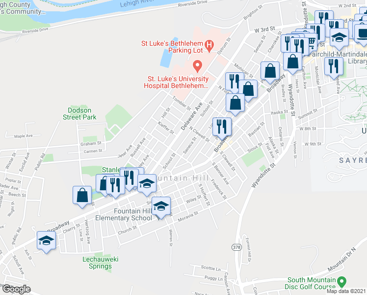 map of restaurants, bars, coffee shops, grocery stores, and more near 1045 Seneca Street in Fountain Hill