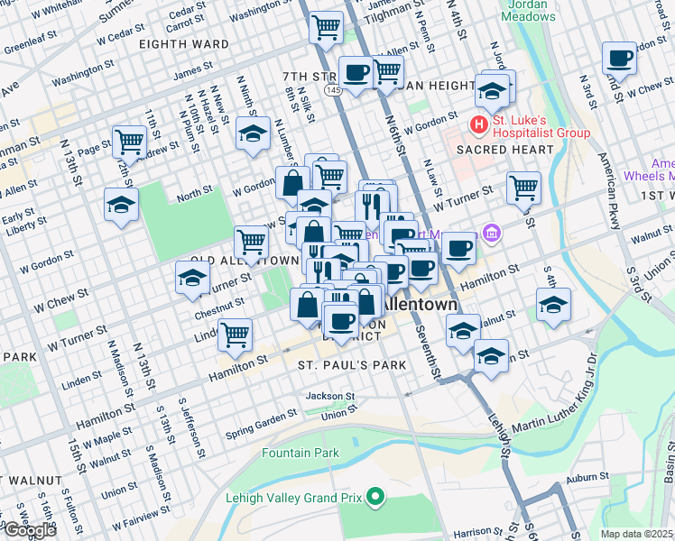 map of restaurants, bars, coffee shops, grocery stores, and more near 824 Chestnut Street in Allentown
