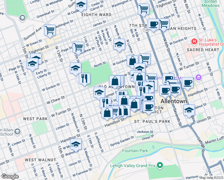 map of restaurants, bars, coffee shops, grocery stores, and more near in Allentown