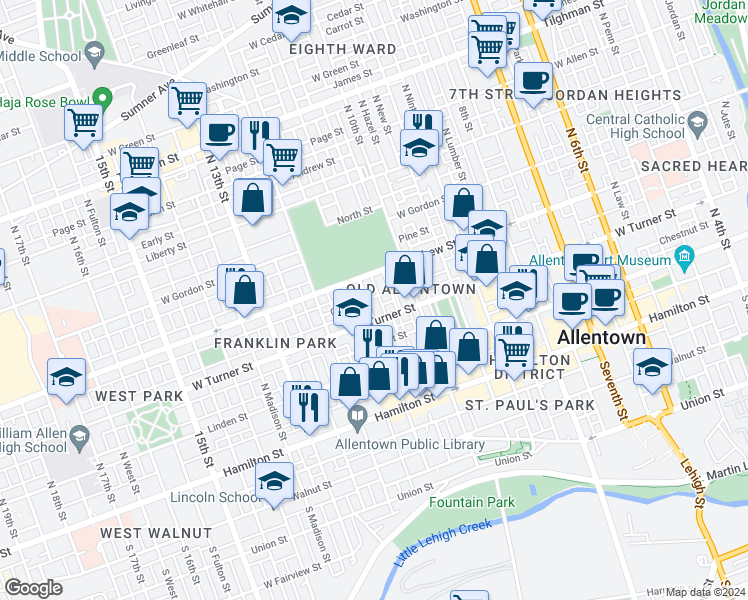 map of restaurants, bars, coffee shops, grocery stores, and more near 223 11th Street in Allentown